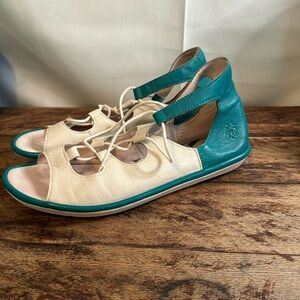 Fly London Lace Up Teal and White leather Sandals Size 39 Sz8 US